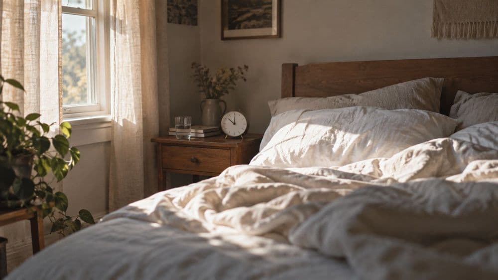 An unmade bed in late-morning light with an analog alarm clock on the nightstand and sunlight across the sheets.
