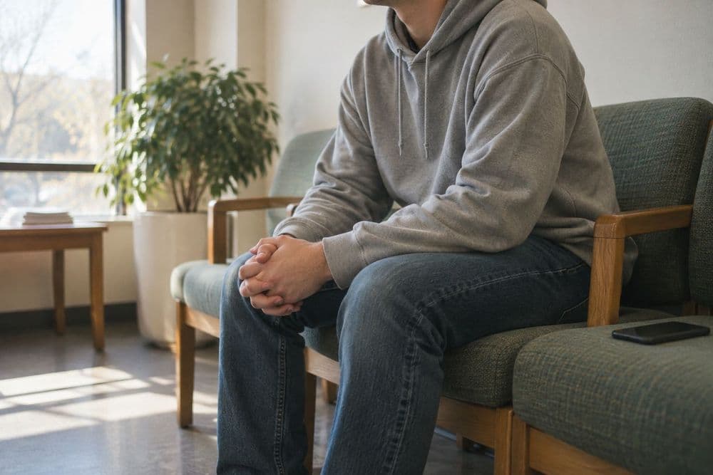 A young adult man in a gray hoodie and jeans waiting in a quiet, sunlit clinic waiting area, hands resting on his knees, face out of frame.