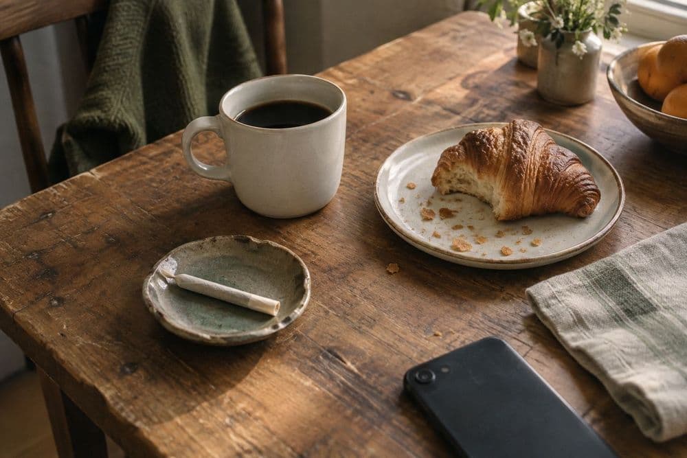 A kitchen table in morning light with a cup of black coffee, a plate with a half-eaten pastry, and an unlit rolled joint resting on a small ceramic dish.