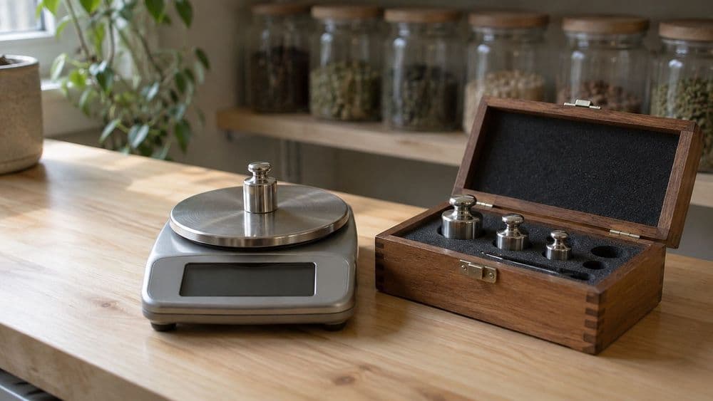 A compact digital precision scale on a shop counter next to a small set of chrome calibration weights in a fitted case.