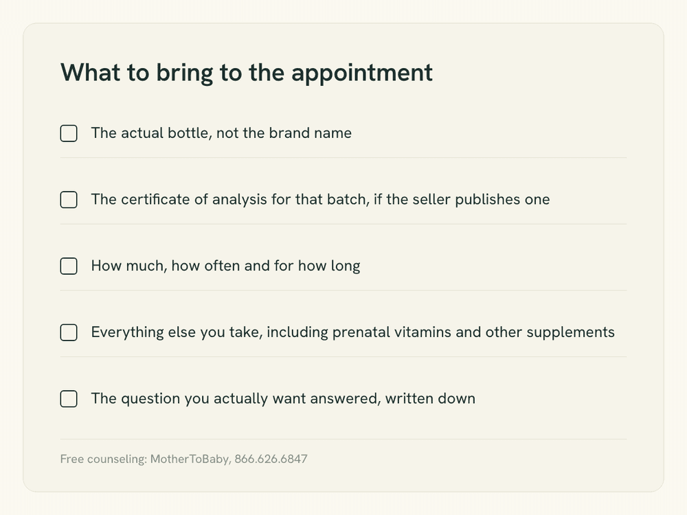 Checklist graphic listing five things to bring to an appointment when discussing a past or current CBD exposure in pregnancy or breastfeeding.