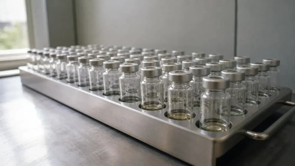Rows of small clear glass autosampler vials with crimped metal caps standing in a stainless steel tray on a laboratory bench.
