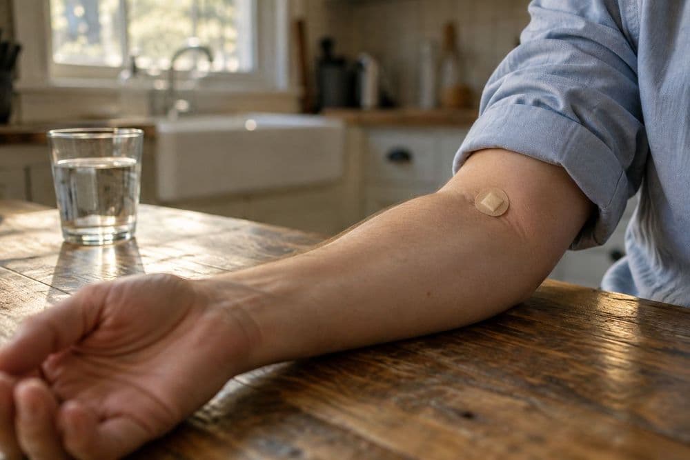 An adult's forearm resting on a wooden kitchen table, sleeve rolled up, with a small round bandage near the crook of the elbow after a blood draw.