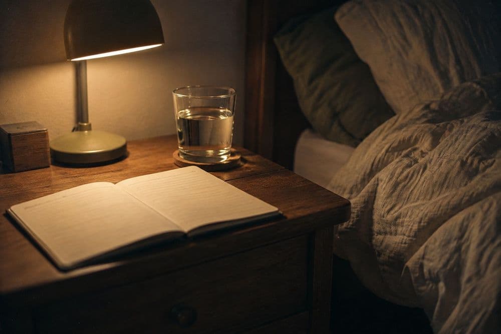 A paper weekly planner lying open on a bedside table next to a glass of water and a small reading lamp, in soft evening light.