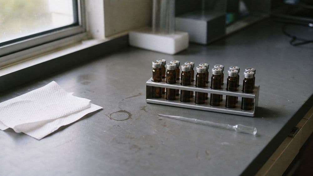 A rack of small amber glass autosampler vials with crimped caps and a glass pipette on a scuffed laboratory bench beside a window.