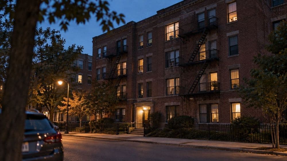 An ordinary brick mid-rise apartment building at dusk, a few windows lit warmly, seen from across a quiet residential street.