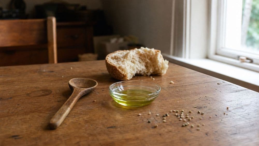 A shallow glass dish of pale green pressed hemp seed oil on a plain kitchen table, beside a wooden spoon, a torn piece of bread and a few loose hulled hemp seeds.