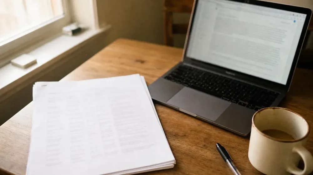 A printed laboratory report lying on a desk beside an open laptop showing a dense government webpage, in daylight.