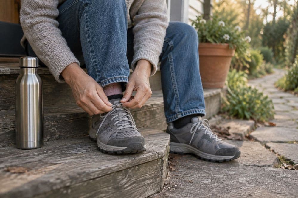 Hands lacing a pair of walking shoes on a front doorstep in morning light, with a refillable water bottle standing beside them.