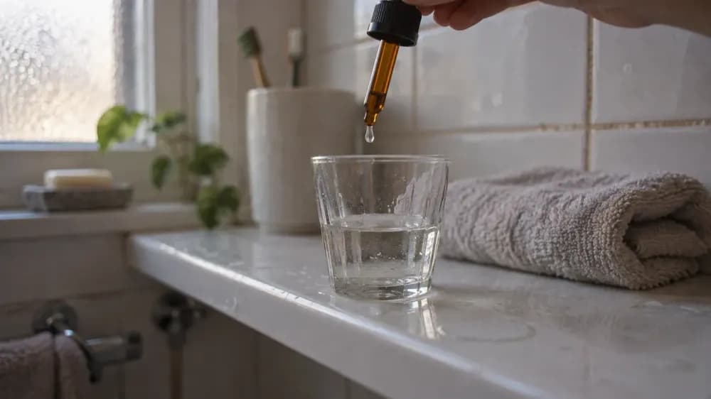 A plain unlabelled amber glass dropper held above a small clear tumbler of water on a lived-in bathroom shelf, a single drop hanging at the tip, soft morning light through a frosted window behind it.