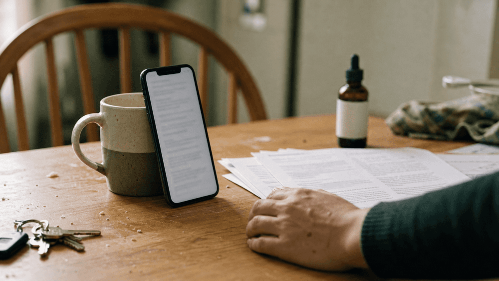 A phone propped against a coffee mug on a kitchen table, next to a stack of loose printed report pages and a plain amber dropper bottle, with a hand resting on the papers mid-comparison.