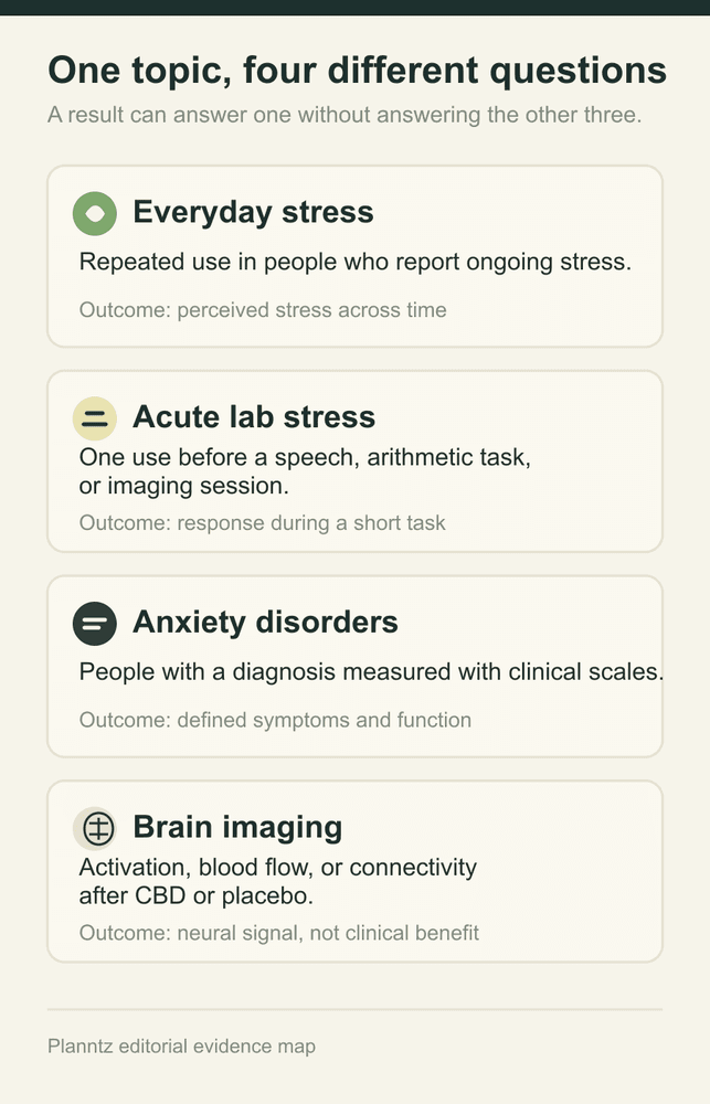 Diagram separating everyday stress, acute lab stress, anxiety disorders, and brain imaging into four different evidence questions.