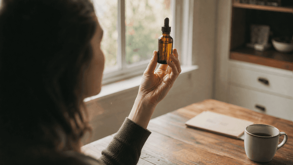 A person seated at a kitchen table holds an unlabeled amber tincture bottle with a dropper cap up to the natural window light, examining it closely.
