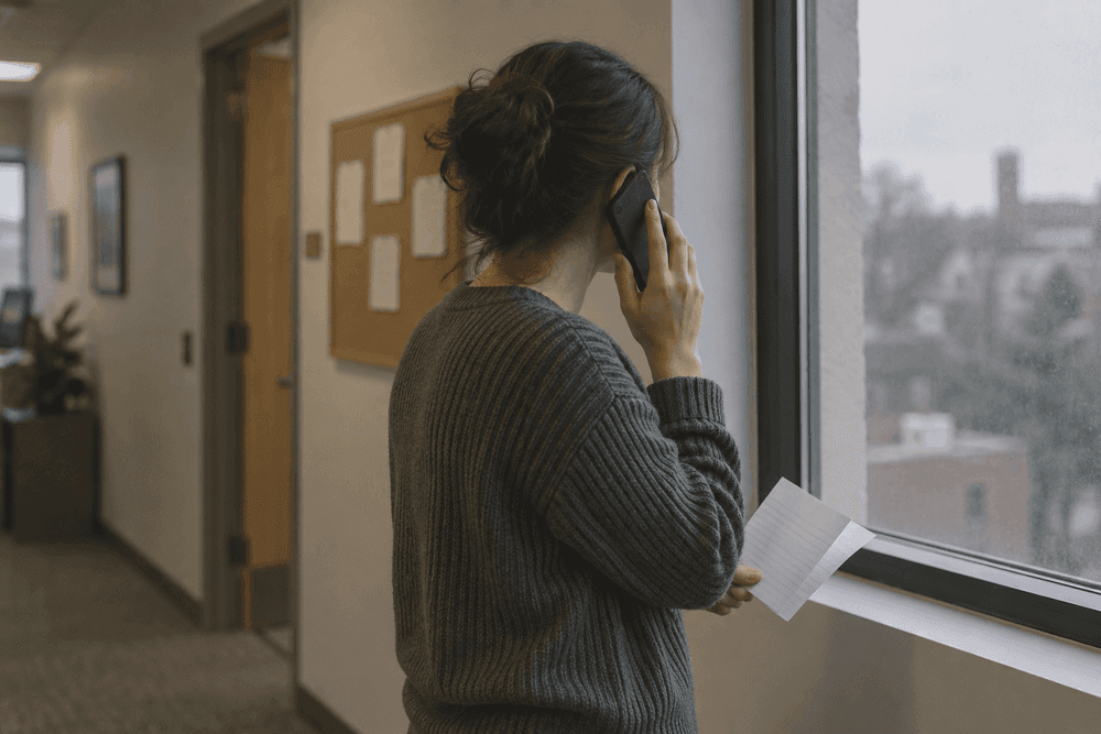 An adult standing by a tall window in a quiet office corridor, phone held to one ear and a folded sheet of lined paper in the other hand, face turned away from the camera.