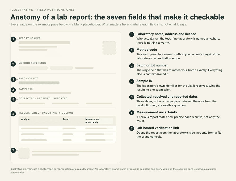 Annotated diagram of a lab report showing where to find the laboratory name, the method code, the batch number, the sample ID, the three dates, the measurement uncertainty column and the lab-hosted link in the footer.