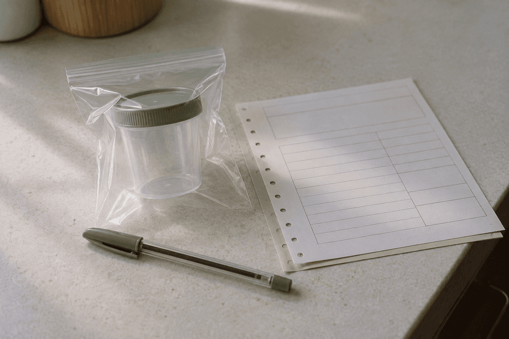 An unused, sealed specimen collection cup in a clear plastic pouch lying on a plain countertop beside a blank paper form and a pen.