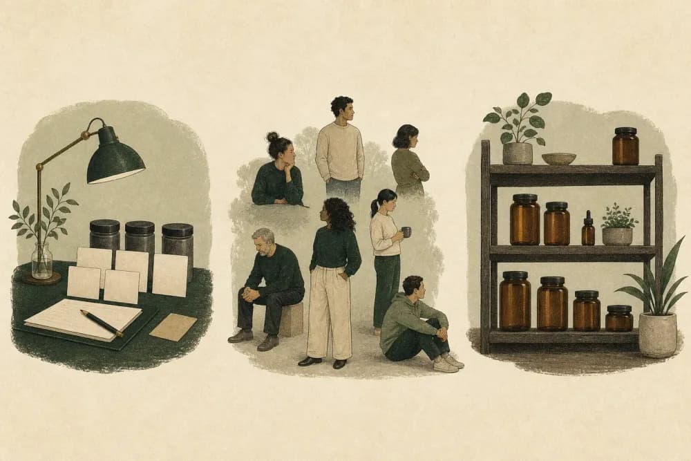 Separate illustrated scenes of a research desk, a varied group of adults, and unlabeled amber containers on a shelf