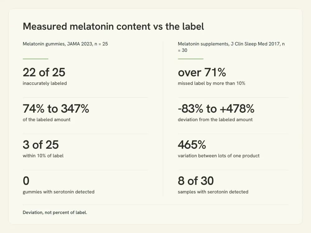 Chart comparing measured melatonin content against label claims in two published analyses, showing 22 of 25 gummies off label and a deviation range of minus 83 to plus 478 percent.