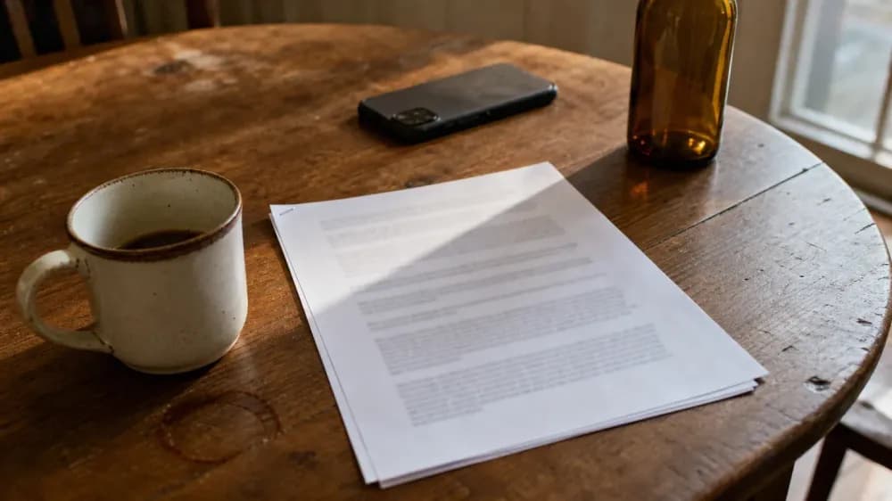 A printed lab report lying on a kitchen table beside a phone and an unlabelled amber glass bottle, photographed at an angle so no text is legible.