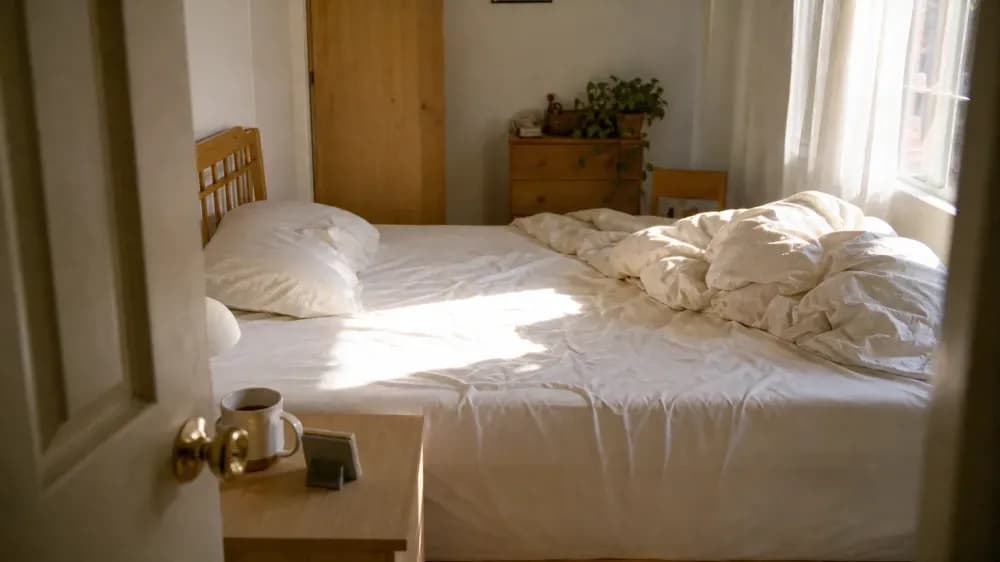 An unmade bed in late morning light with a half-finished mug of coffee on the nightstand and an alarm clock turned face away.