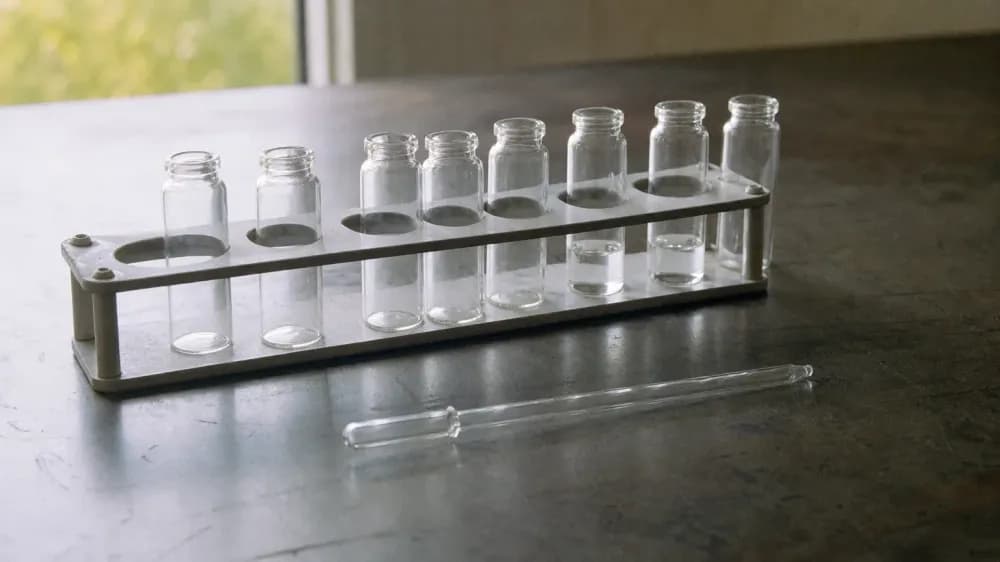 A rack of small unlabeled clear glass vials on a plain laboratory bench in daylight.