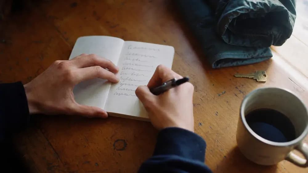 Someone writing a short list of questions in a small notebook at a kitchen table in morning light, with a mug beside it and the handwriting illegible.