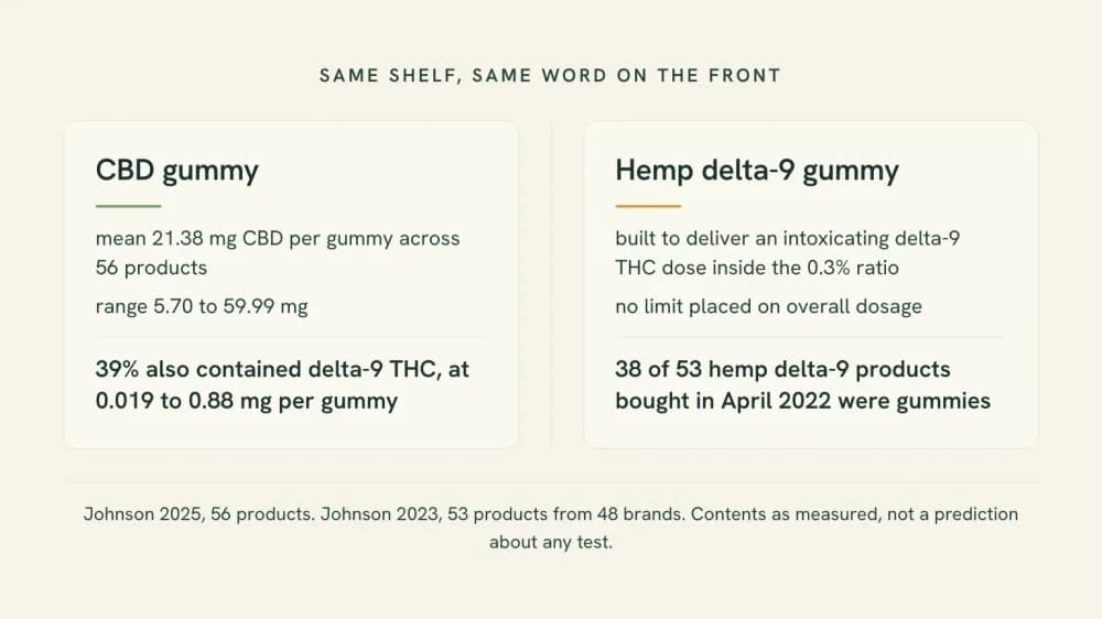 Two label cards side by side under the heading Same shelf, same word: a CBD gummy card showing a mean of 21.38 mg CBD per gummy and 39% containing delta-9 THC, and a hemp delta-9 gummy card showing 38 of 53 products being gummies.