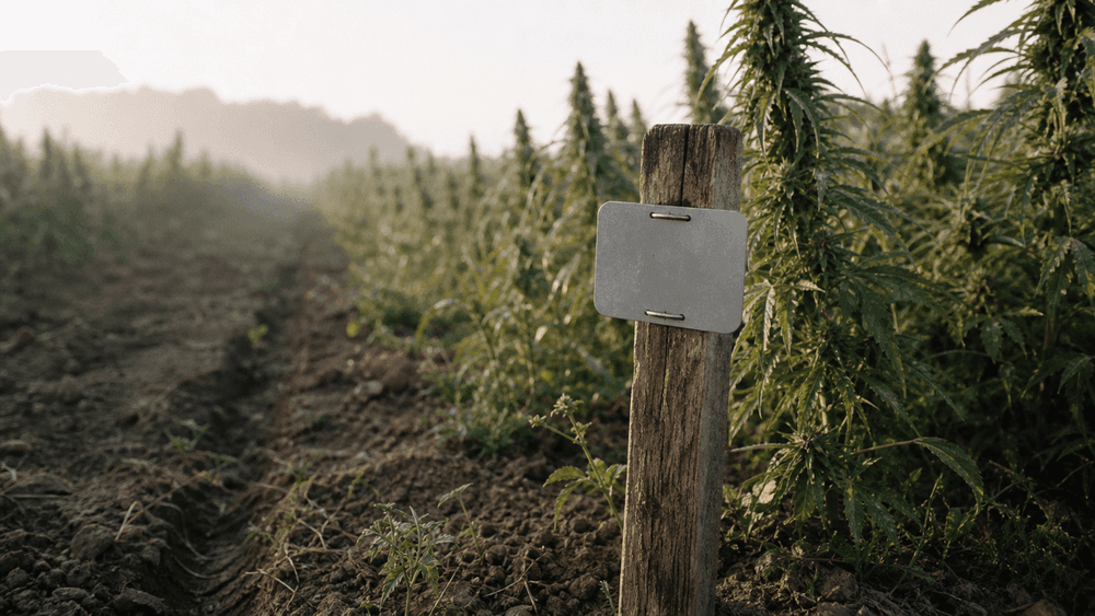 A weathered wooden marker stake with a blank metal tag standing at the edge of a hemp field in flower, with rows of plants receding into morning haze behind it.