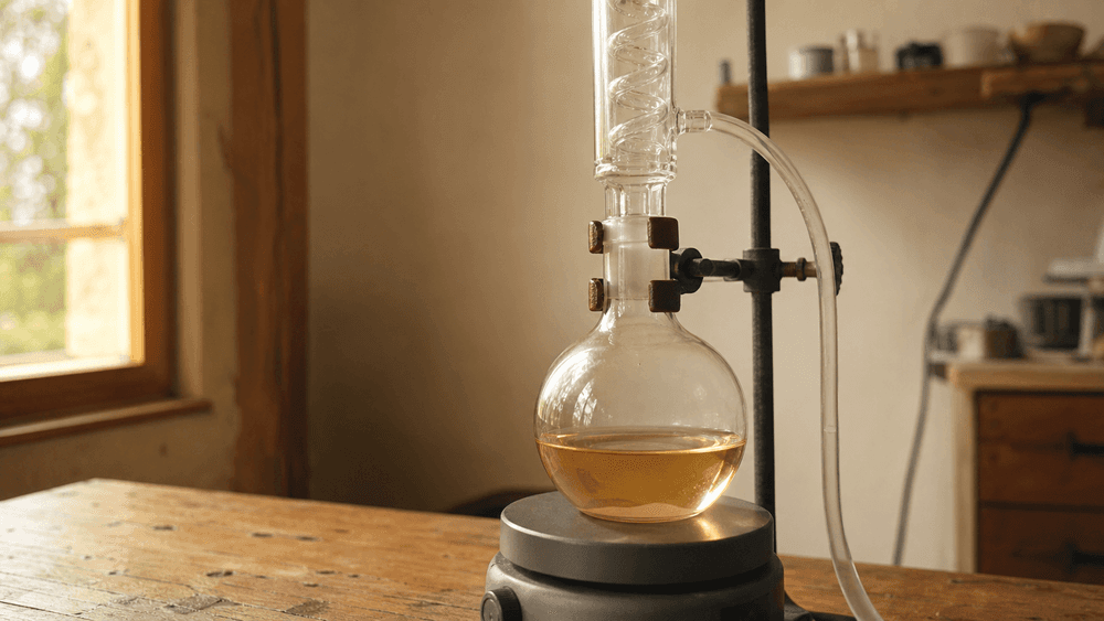 A small round-bottom flask of pale amber liquid on a magnetic stir plate with a glass condenser clamped above it, photographed close up on a scuffed bench in daylight.